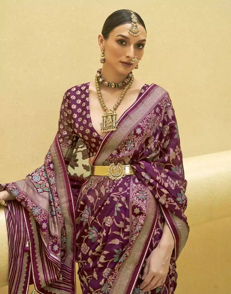 Image of Floral Print Dark Pink Patola Saree