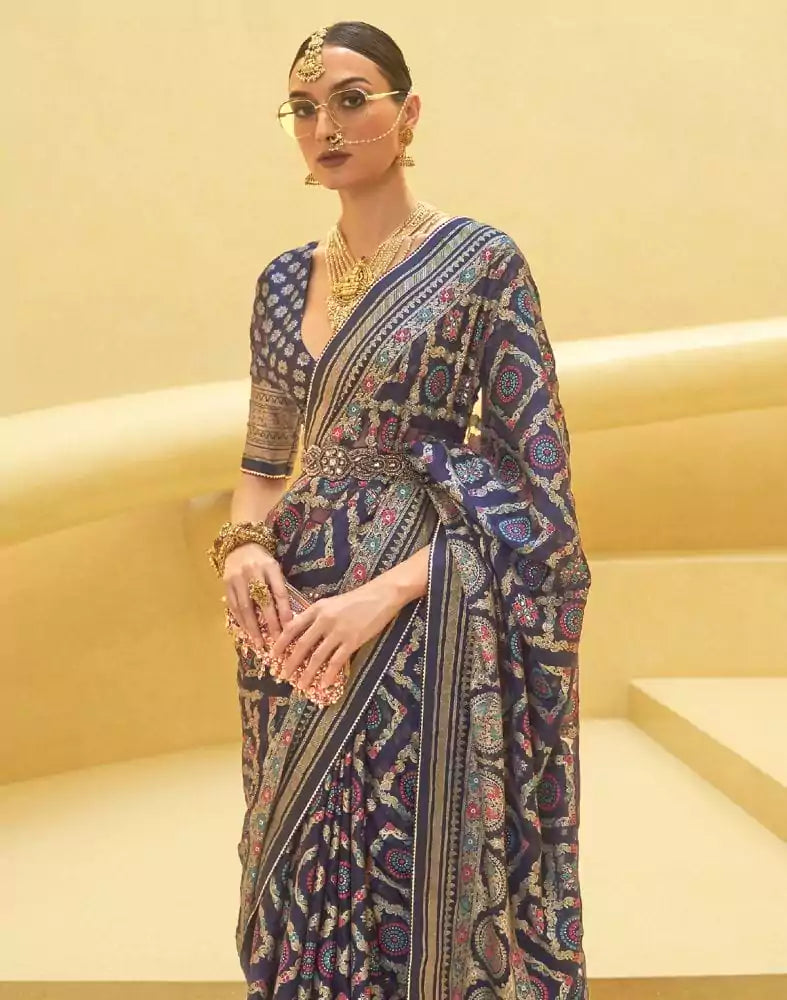 Image of Navy Blue Geometric Print Patola Saree