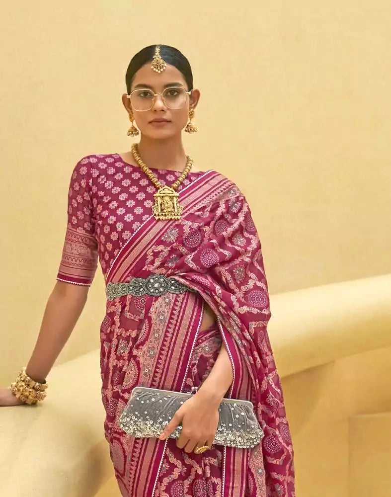 Image of Dark Pink Geometric Print Patola Fancy Saree