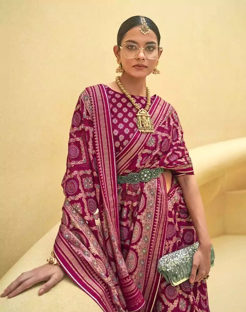 Image of Dark Pink Geometric Print Patola Fancy Saree