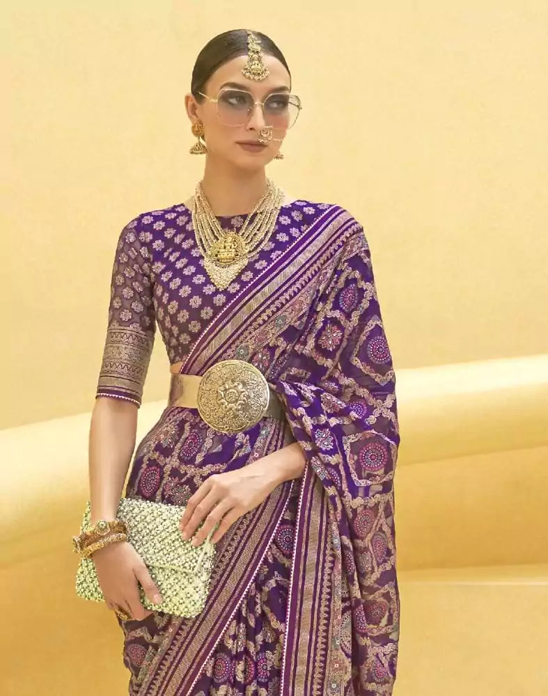Image of Purple Geometric Print Patola Silk Saree
