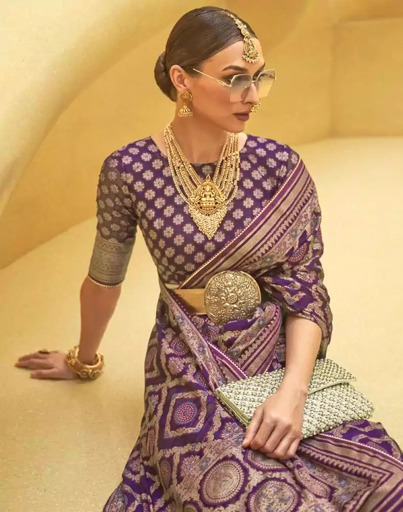 Image of Purple Geometric Print Patola Silk Saree