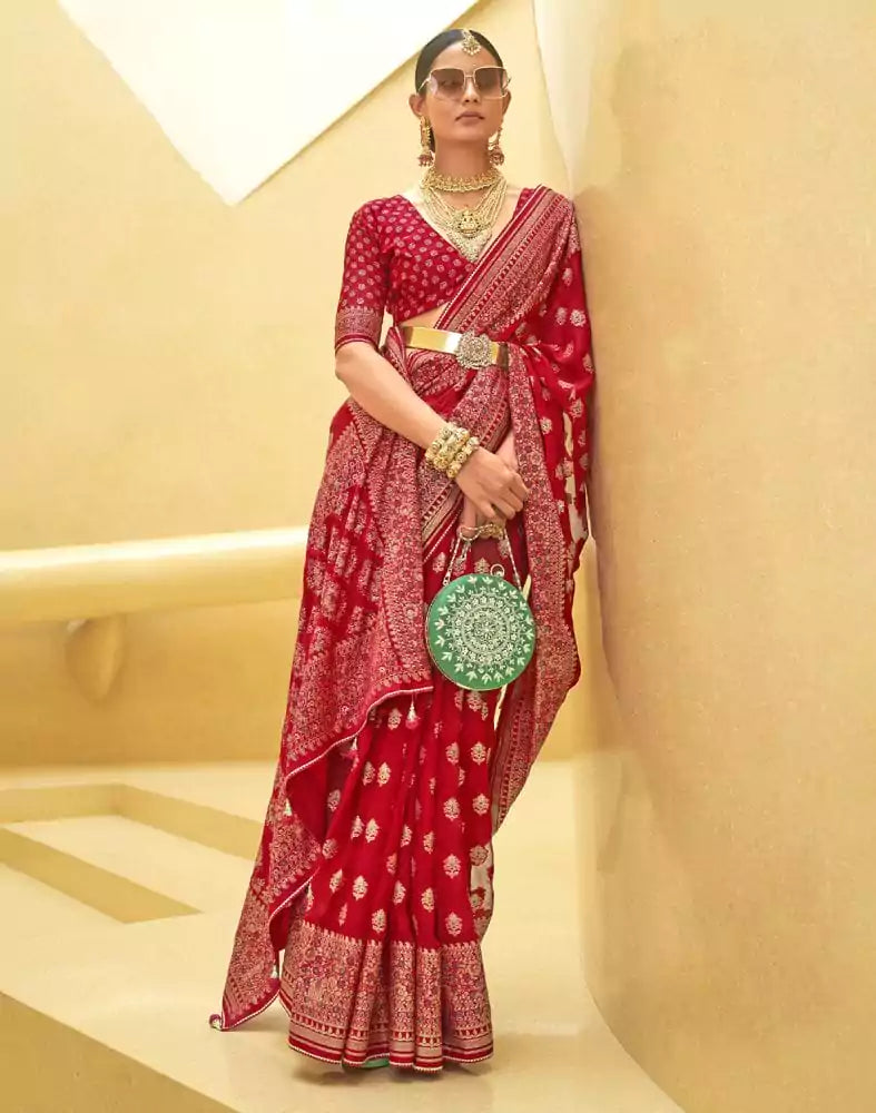 Image of Red Floral Print Patola Saree
