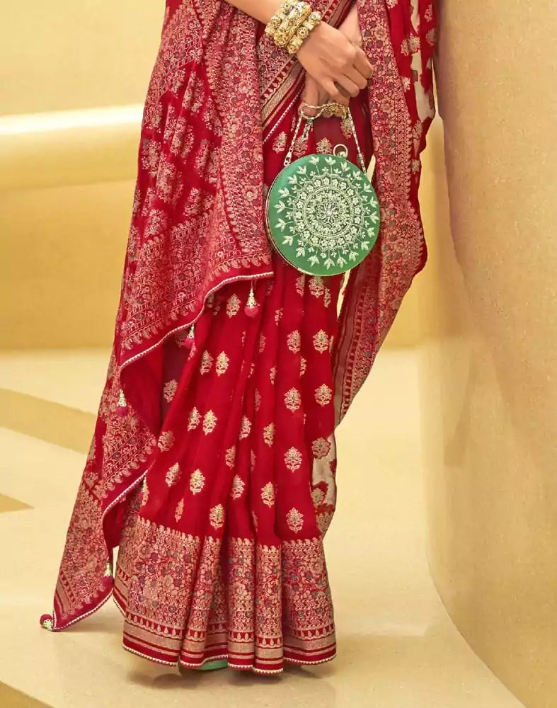 Image of Red Floral Print Patola Saree