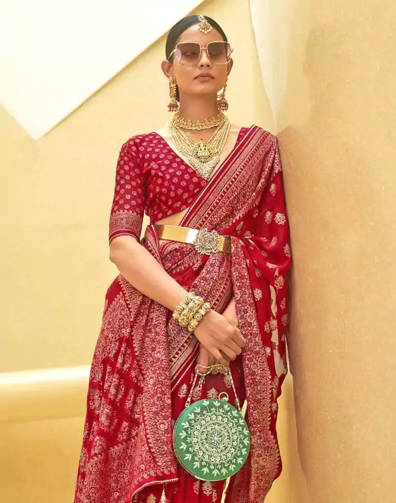 Image of Red Floral Print Patola Saree