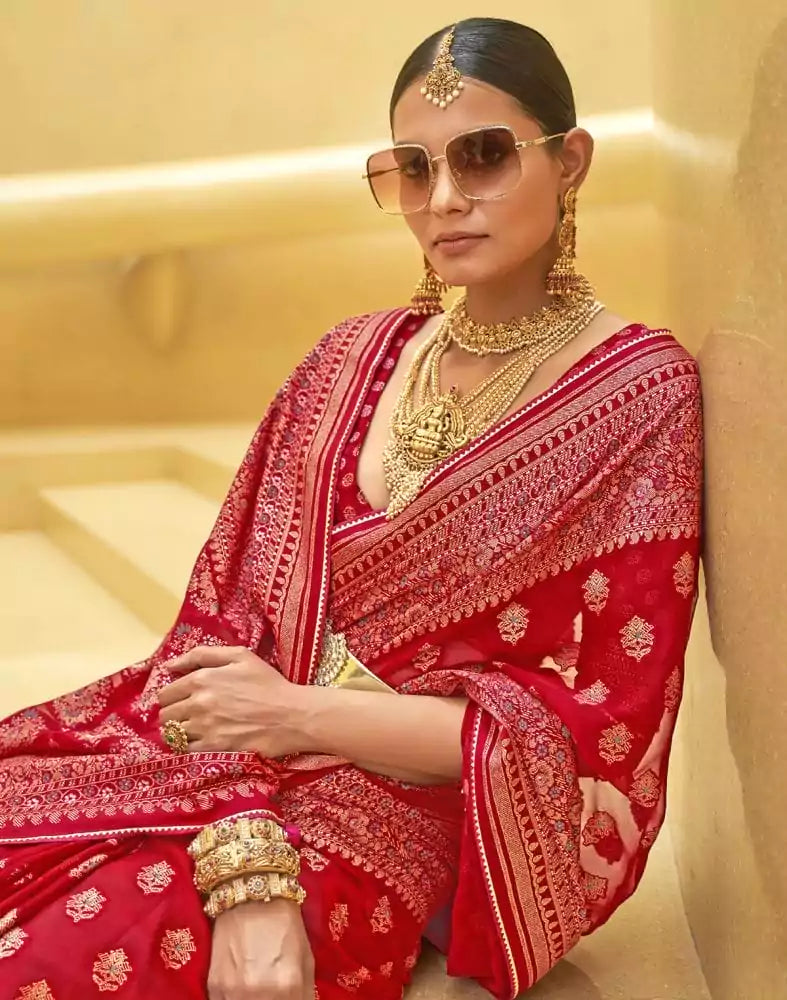 Image of Red Floral Print Patola Saree