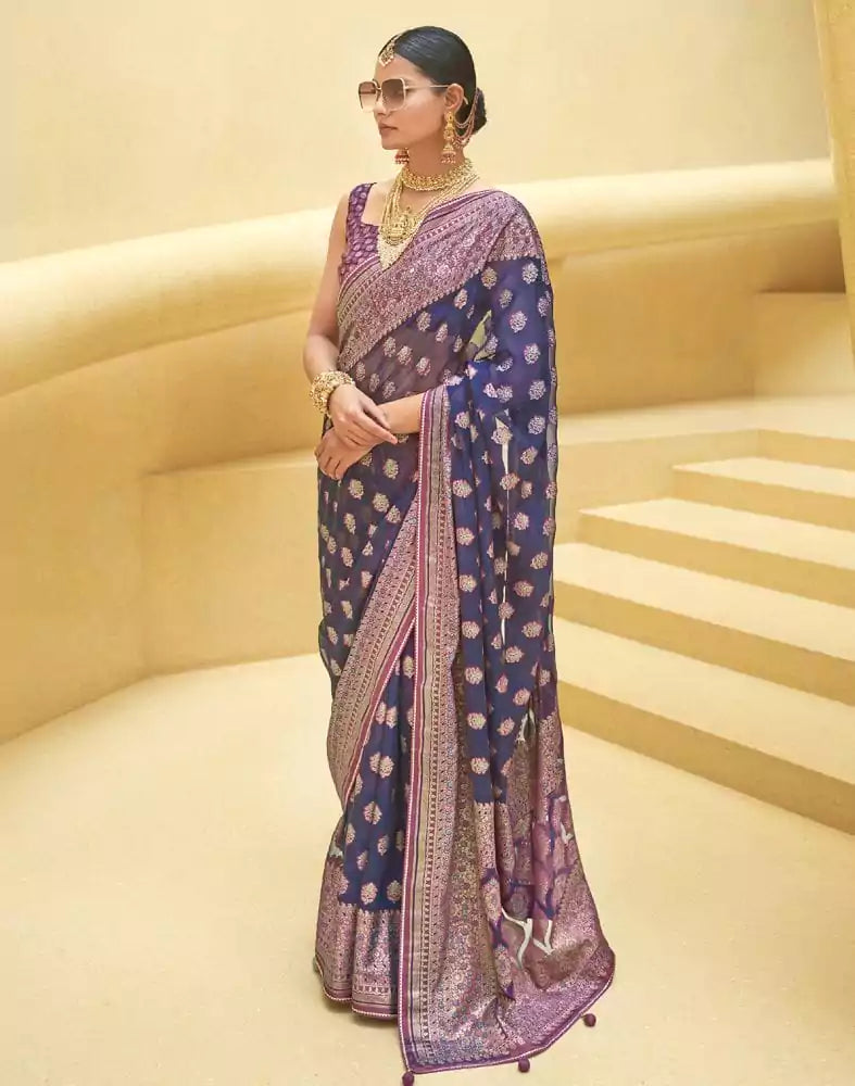 Image of Navy Blue Floral Print Patola Saree