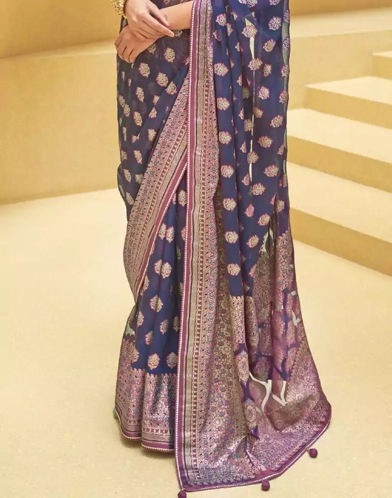Image of Navy Blue Floral Print Patola Saree