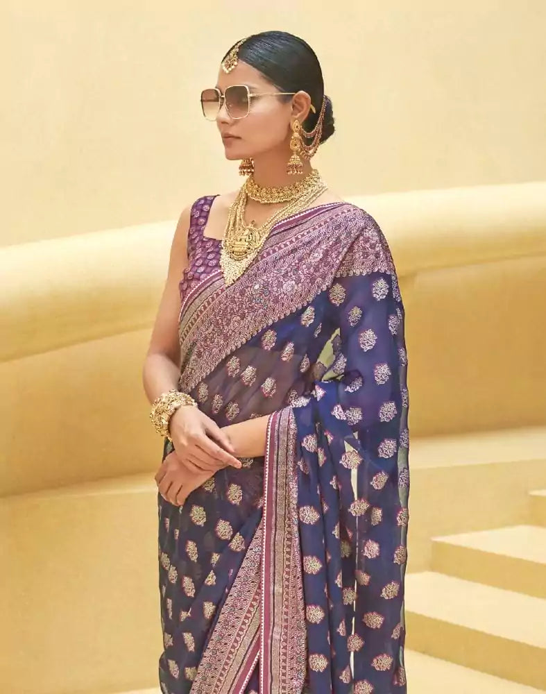 Image of Navy Blue Floral Print Patola Saree