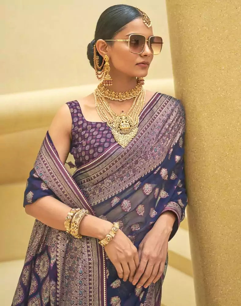 Image of Navy Blue Floral Print Patola Saree