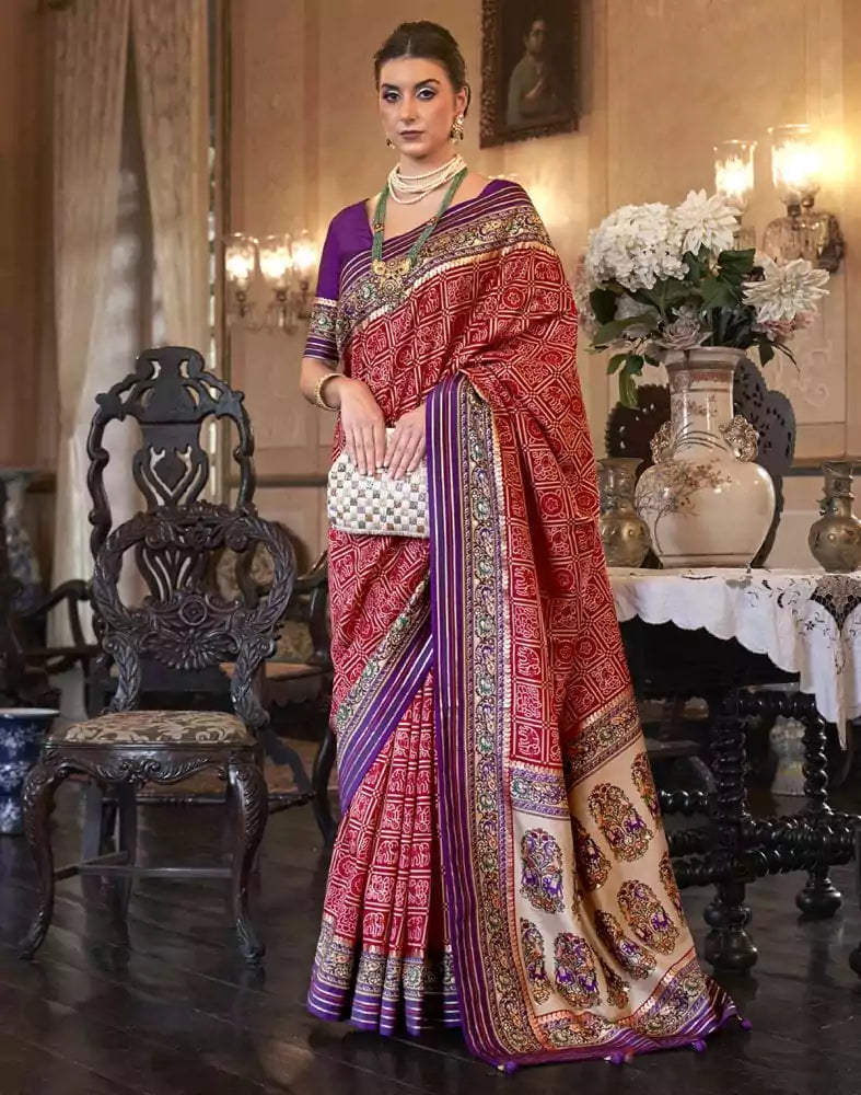 Image of Red and Purple Geometric Print Patola Saree