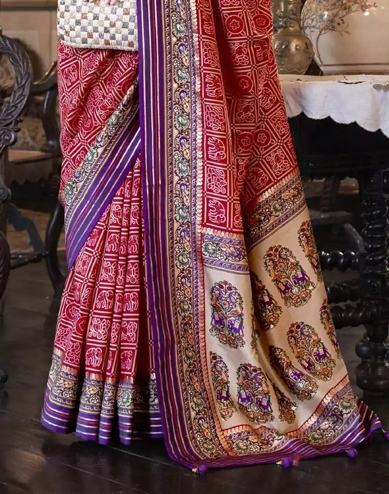 Image of Red and Purple Geometric Print Patola Saree