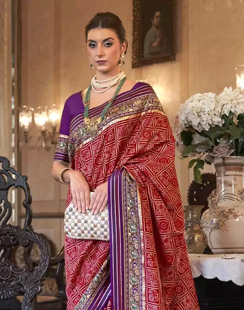 Image of Red and Purple Geometric Print Patola Saree