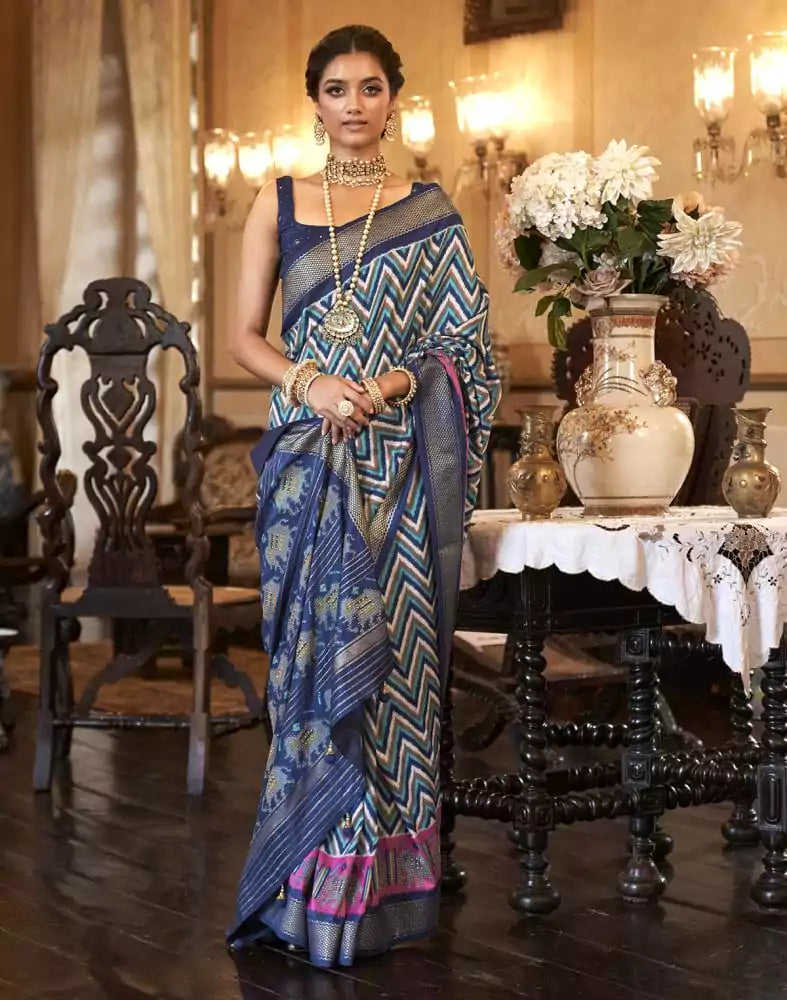 Image of Blue Coloured Zig Zag Patola Saree