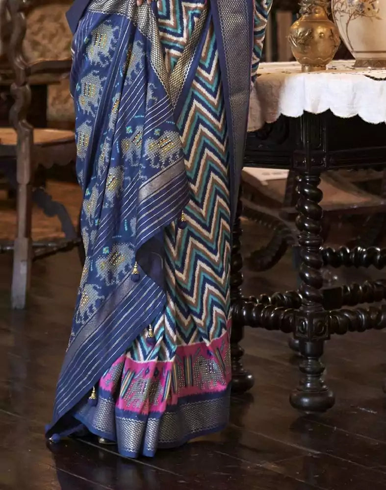 Image of Blue Coloured Zig Zag Patola Saree