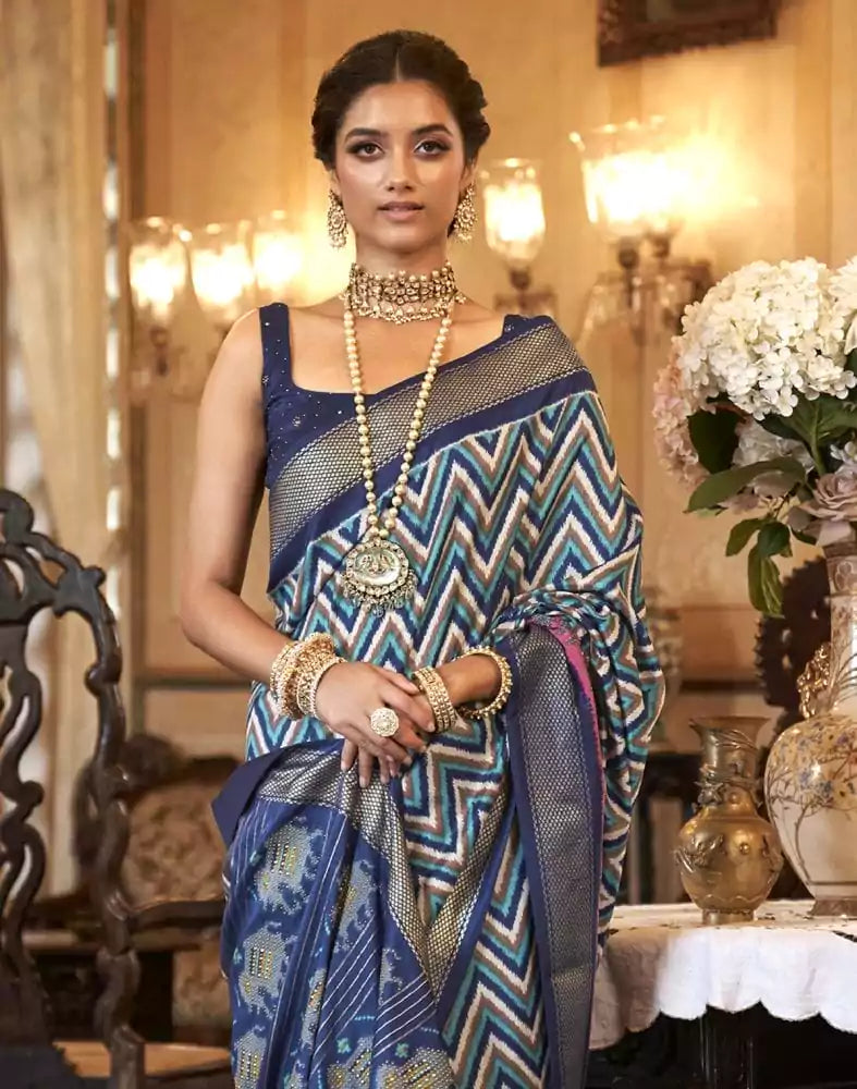 Image of Blue Coloured Zig Zag Patola Saree