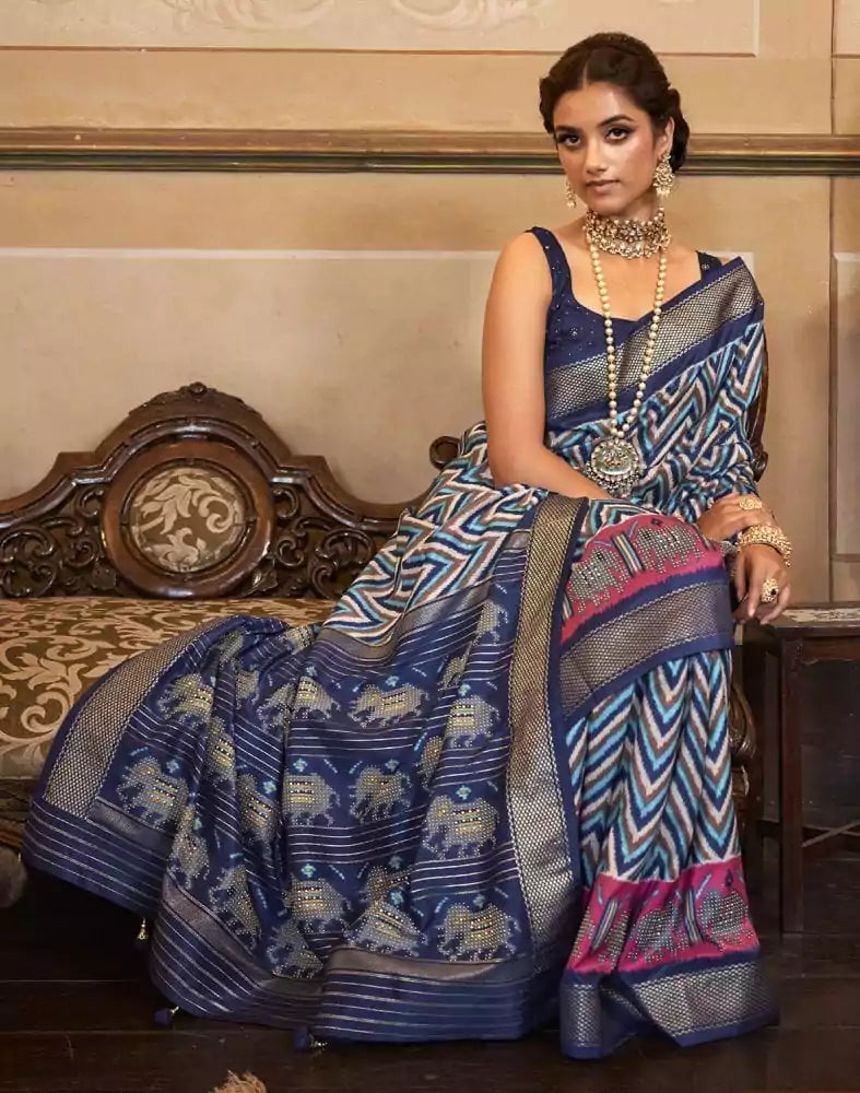 Image of Blue Coloured Zig Zag Patola Saree