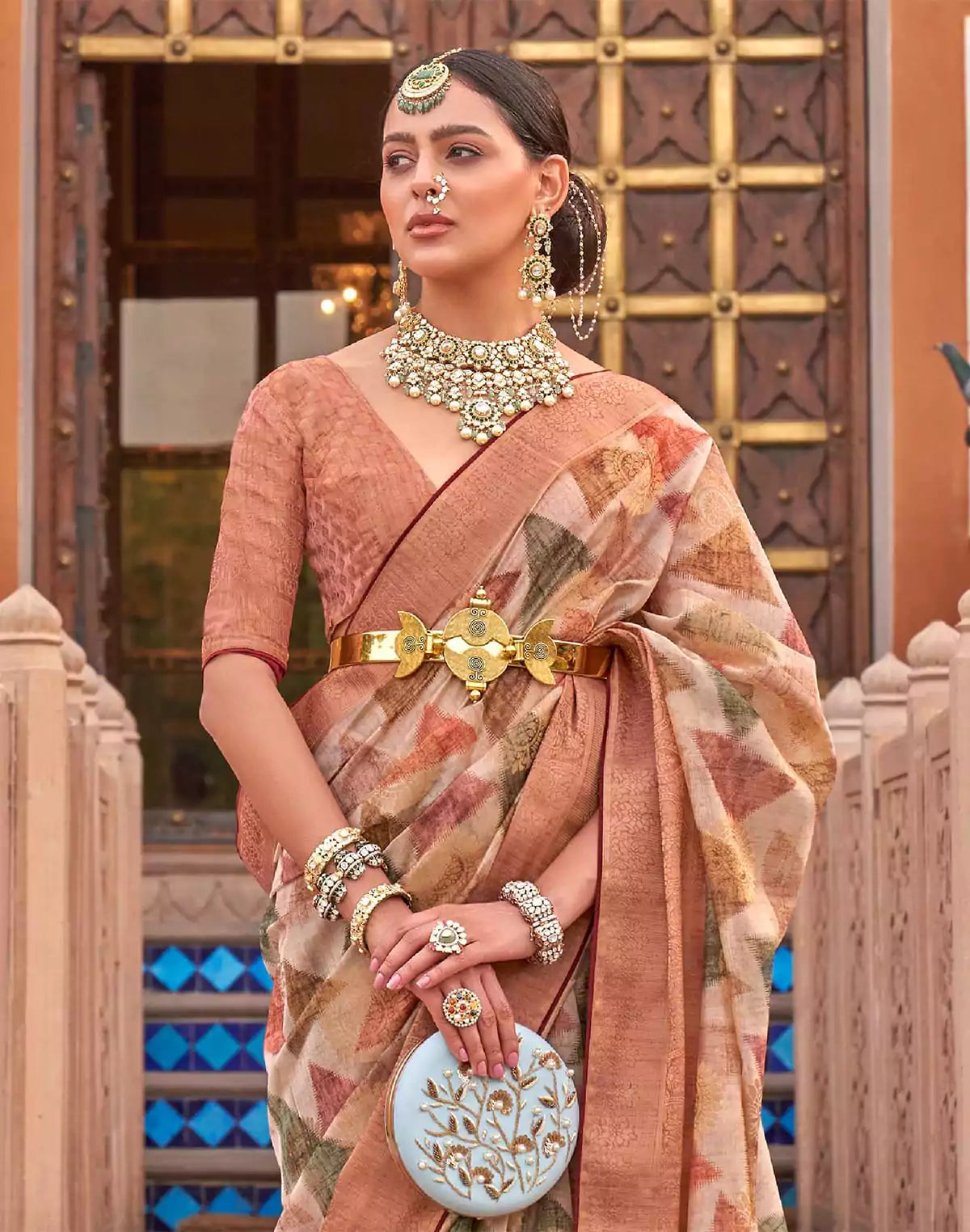 Image of Floral Digital Print Organza Saree in Brown