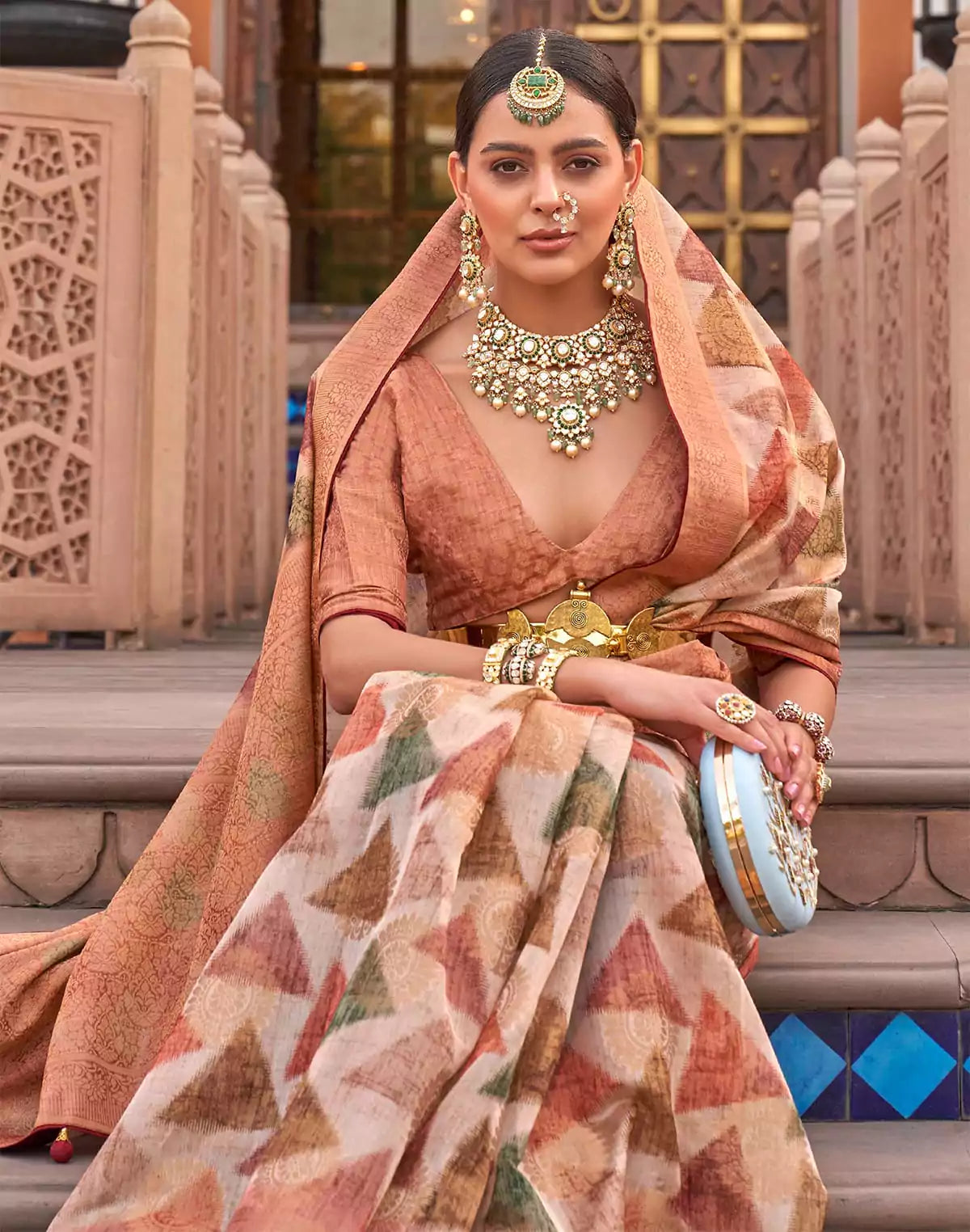 Image of Floral Digital Print Organza Saree in Brown