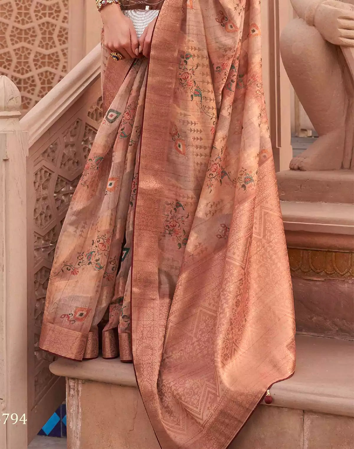 Image of Light Peach Floral Digital Print Organza Party Wear Saree
