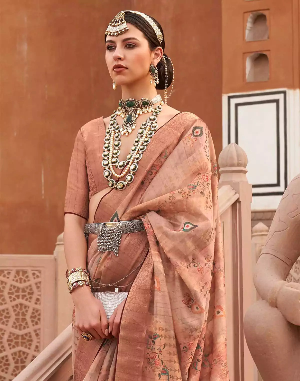 Image of Light Peach Floral Digital Print Organza Party Wear Saree