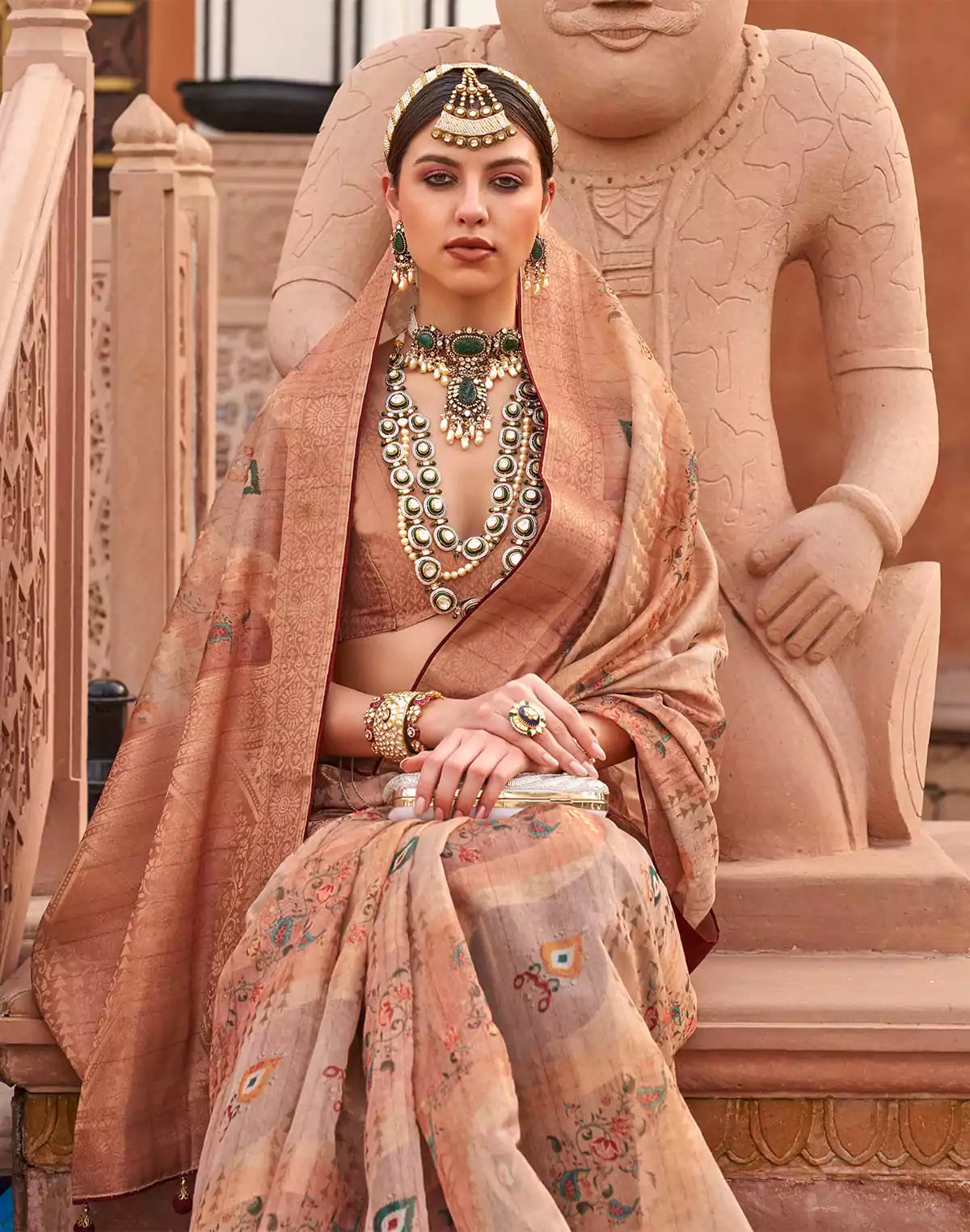 Image of Light Peach Floral Digital Print Organza Party Wear Saree