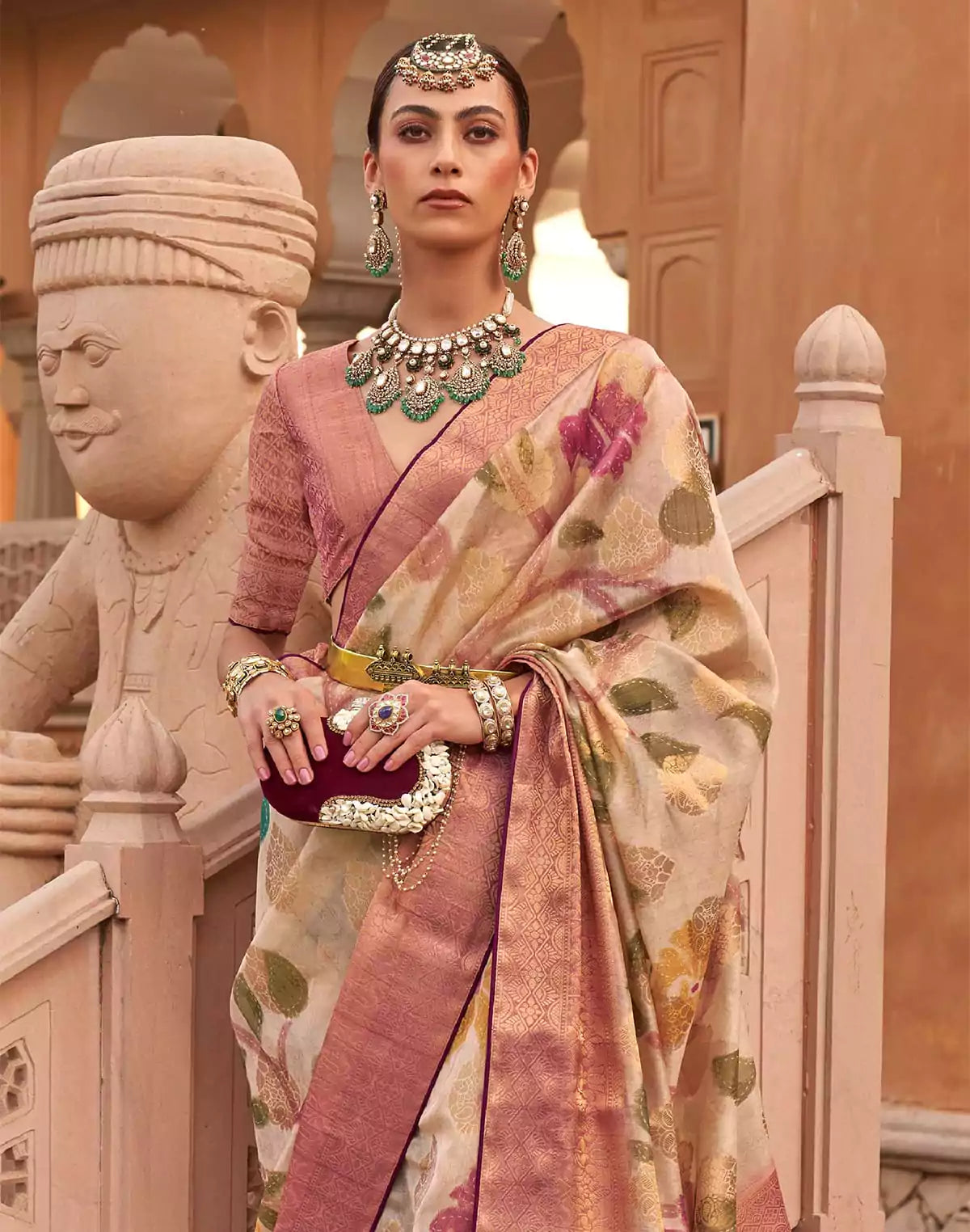 Image of Beige Floral Organza Party Wear Saree