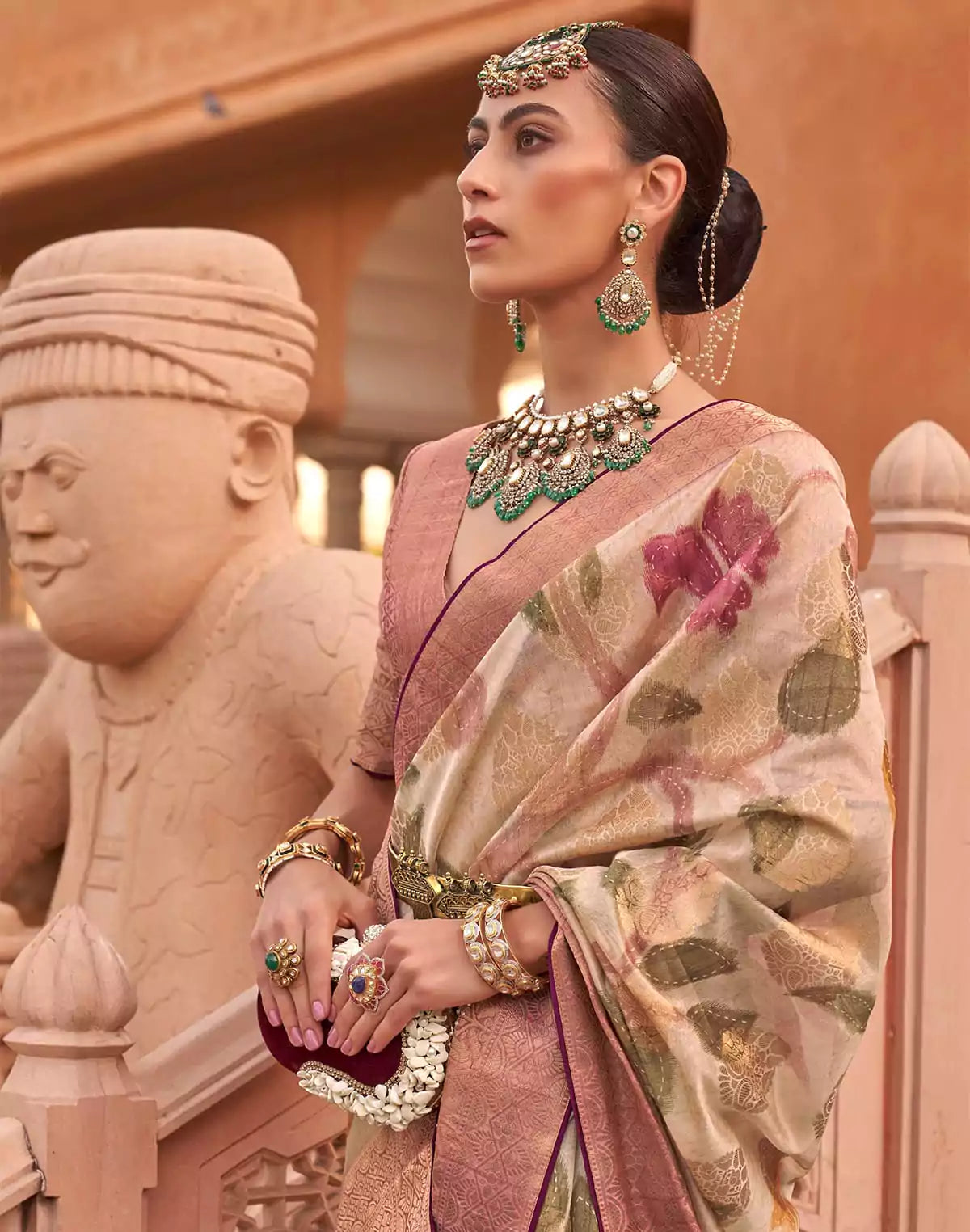 Image of Beige Floral Organza Party Wear Saree