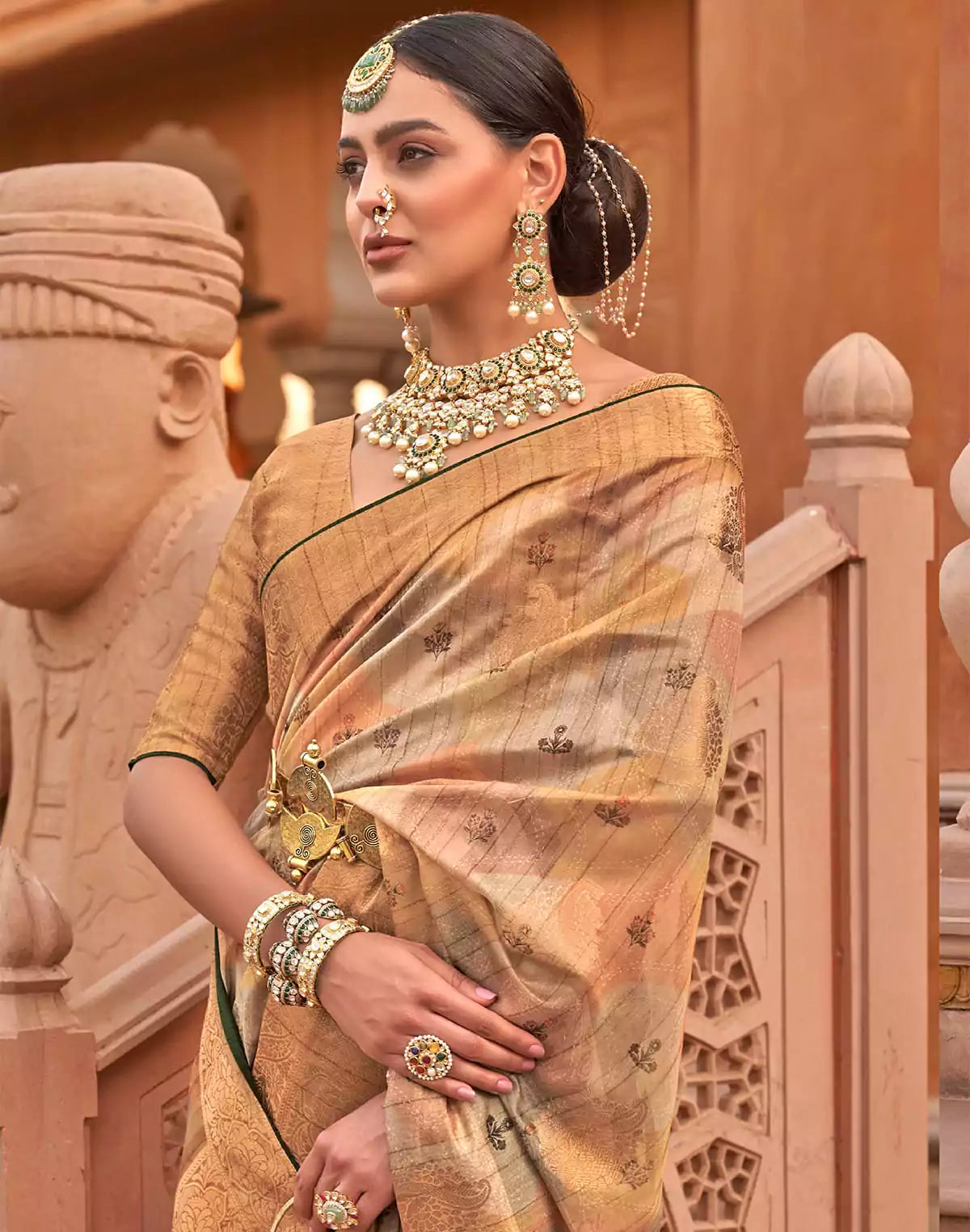 Image of Beige Organza Digital Print Saree