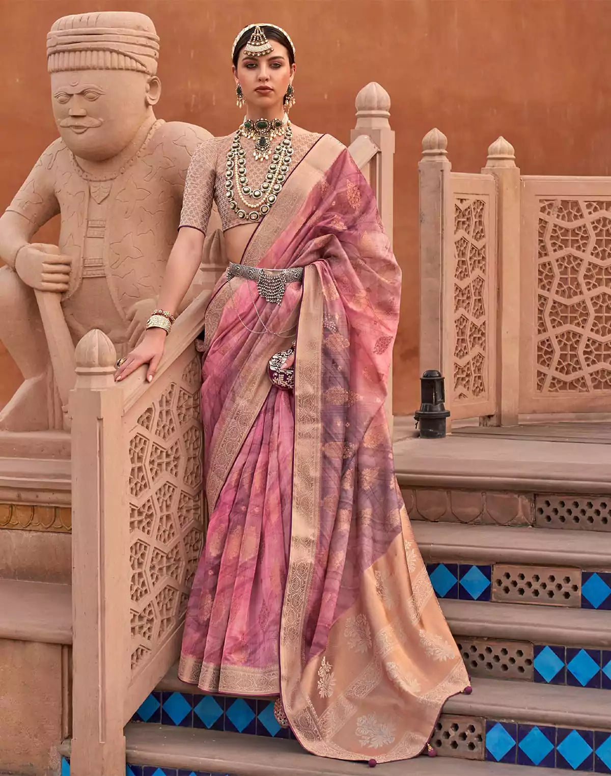 Image of Pink Floral Organza Party Wear Saree