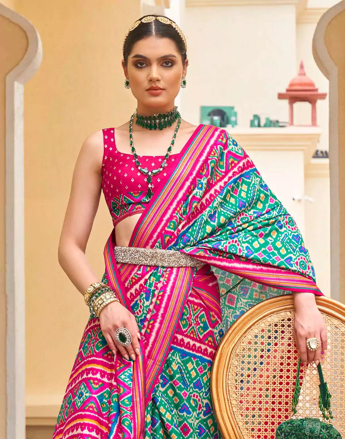 Image of Light Sky Blue Patola Saree with Contrast Blouse