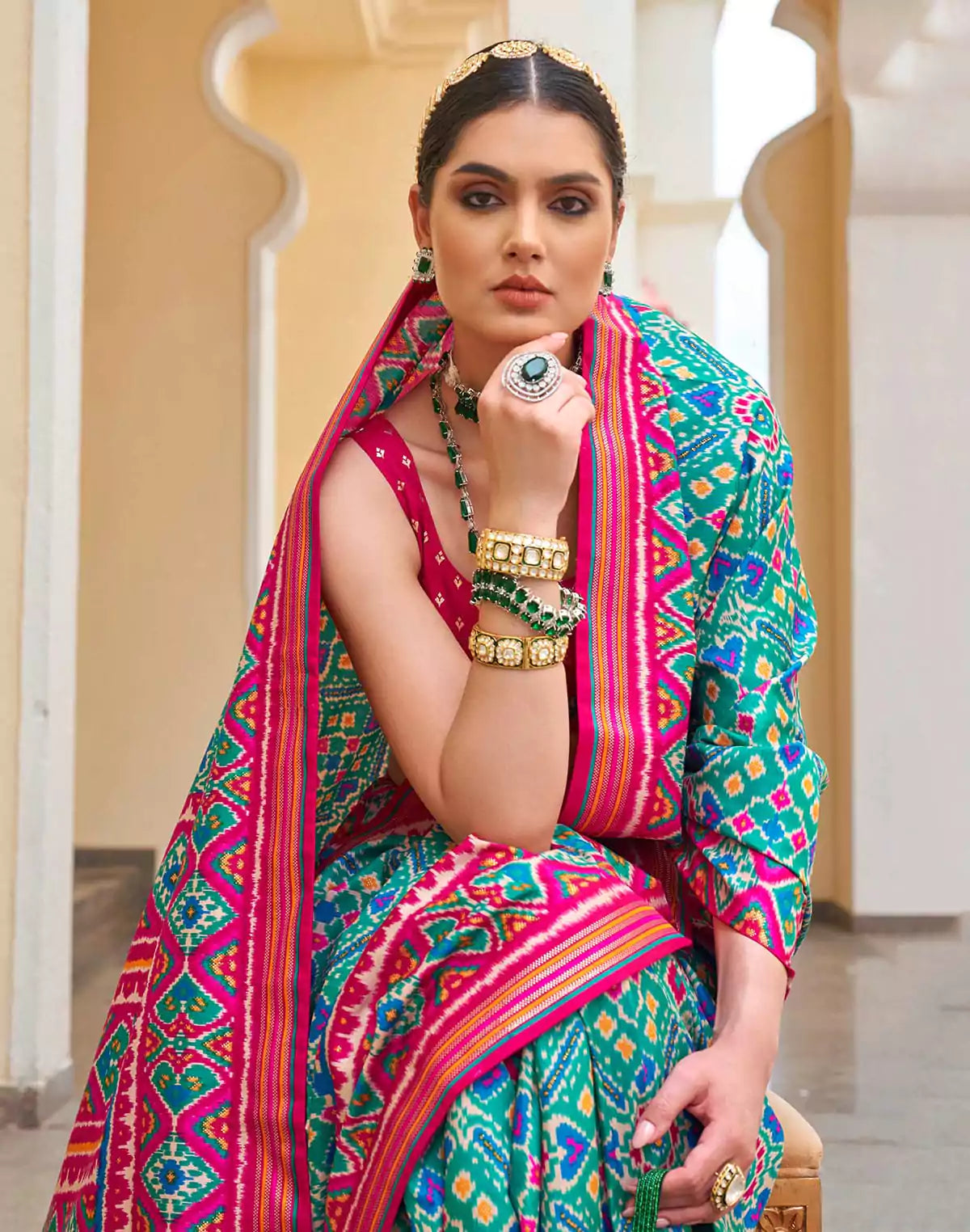 Image of Light Sky Blue Patola Saree with Contrast Blouse