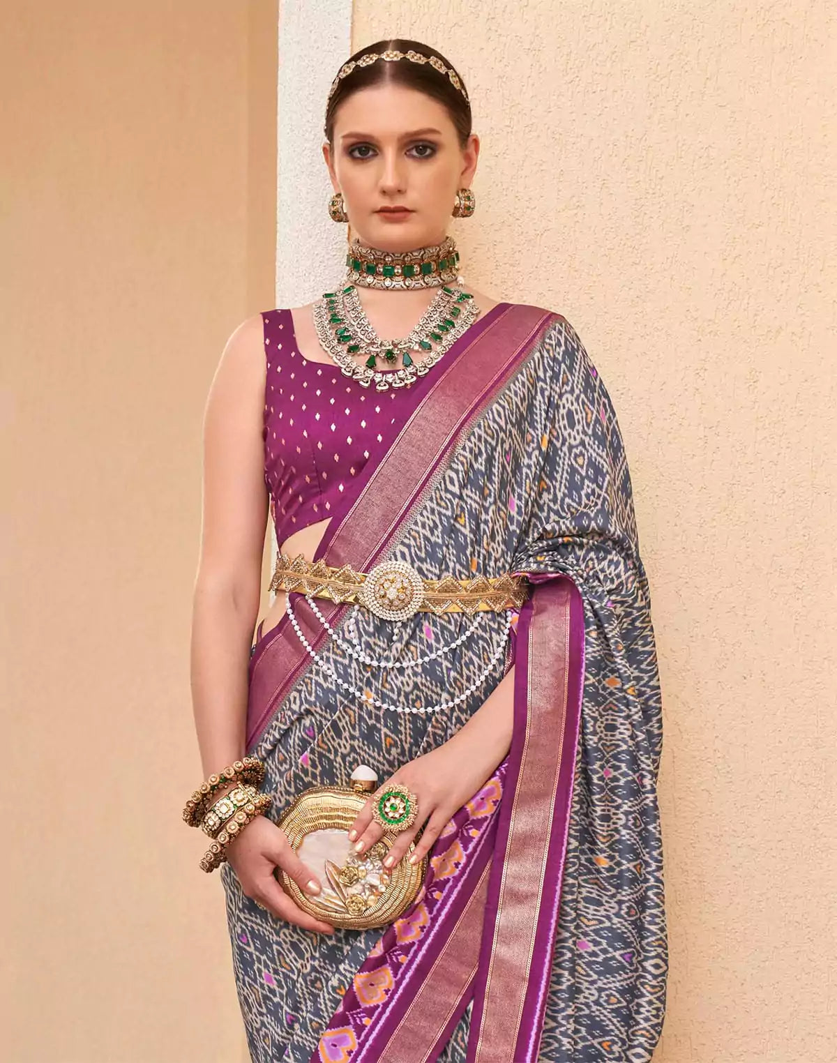 Image of Grey and Purple Patola Silk Saree with Tussels