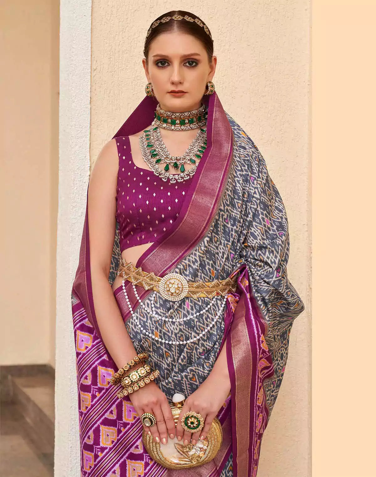 Image of Grey and Purple Patola Silk Saree with Tussels