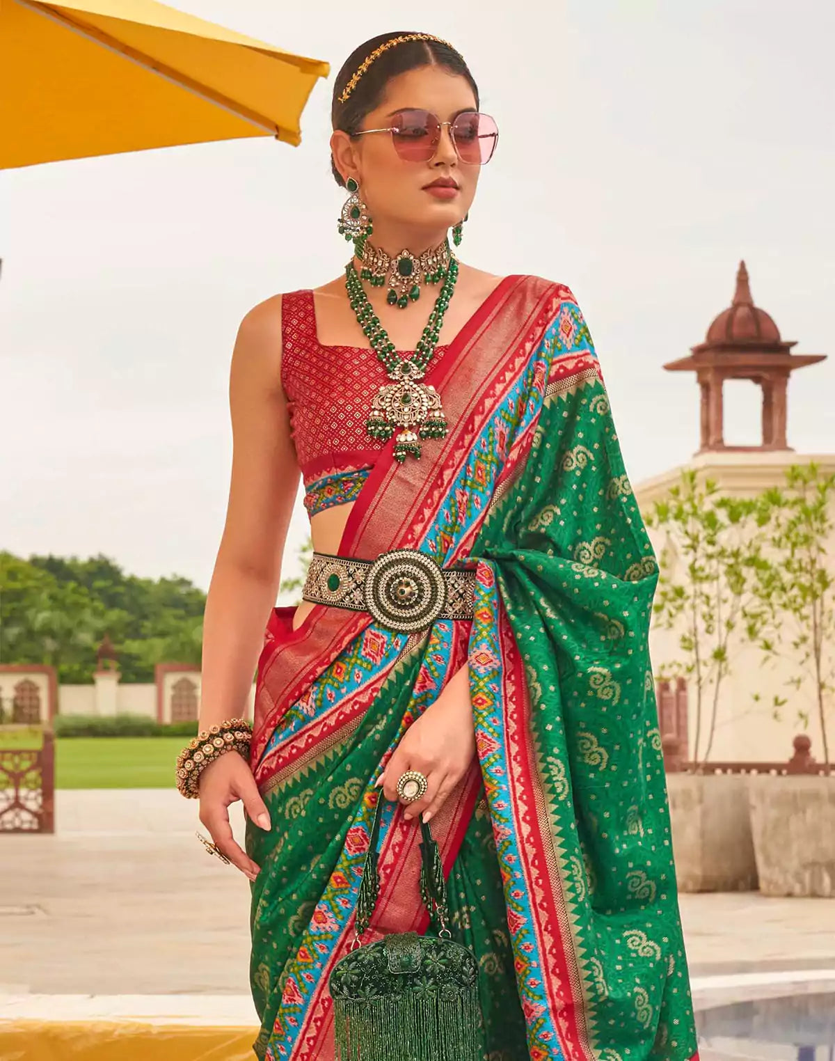 Image of Patola Silk Ehtnic Motif Printed Saree in Green