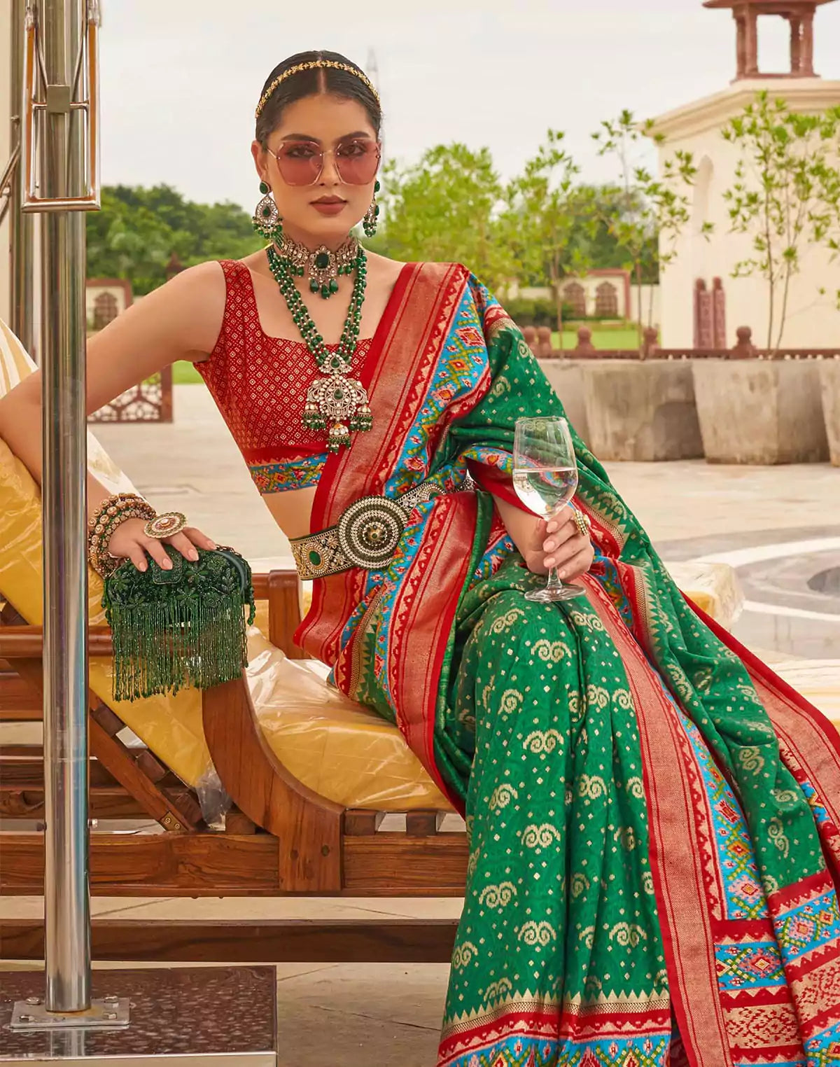 Image of Patola Silk Ehtnic Motif Printed Saree in Green