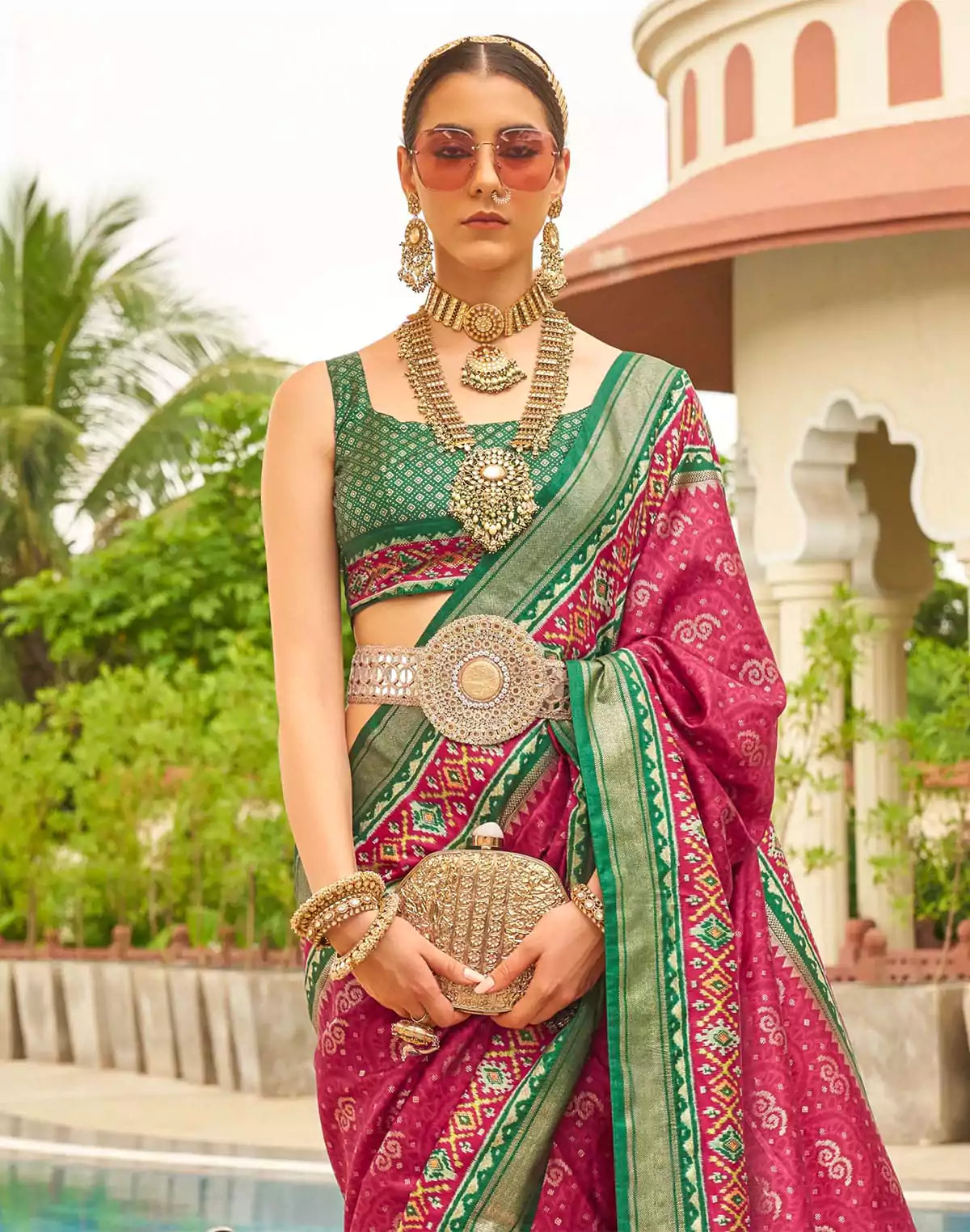 Image of Wine and Green Patola Silk Saree