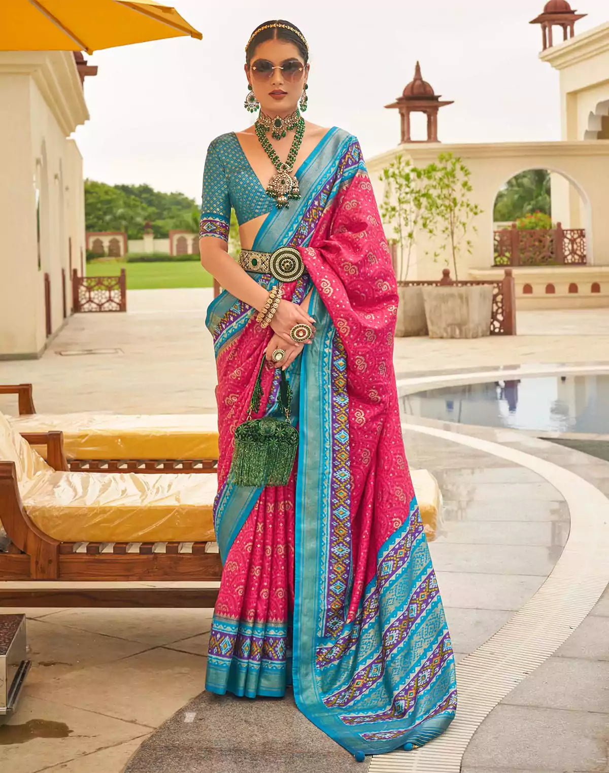 Image of Pink Coloured Patola Silk Contrast Border Saree