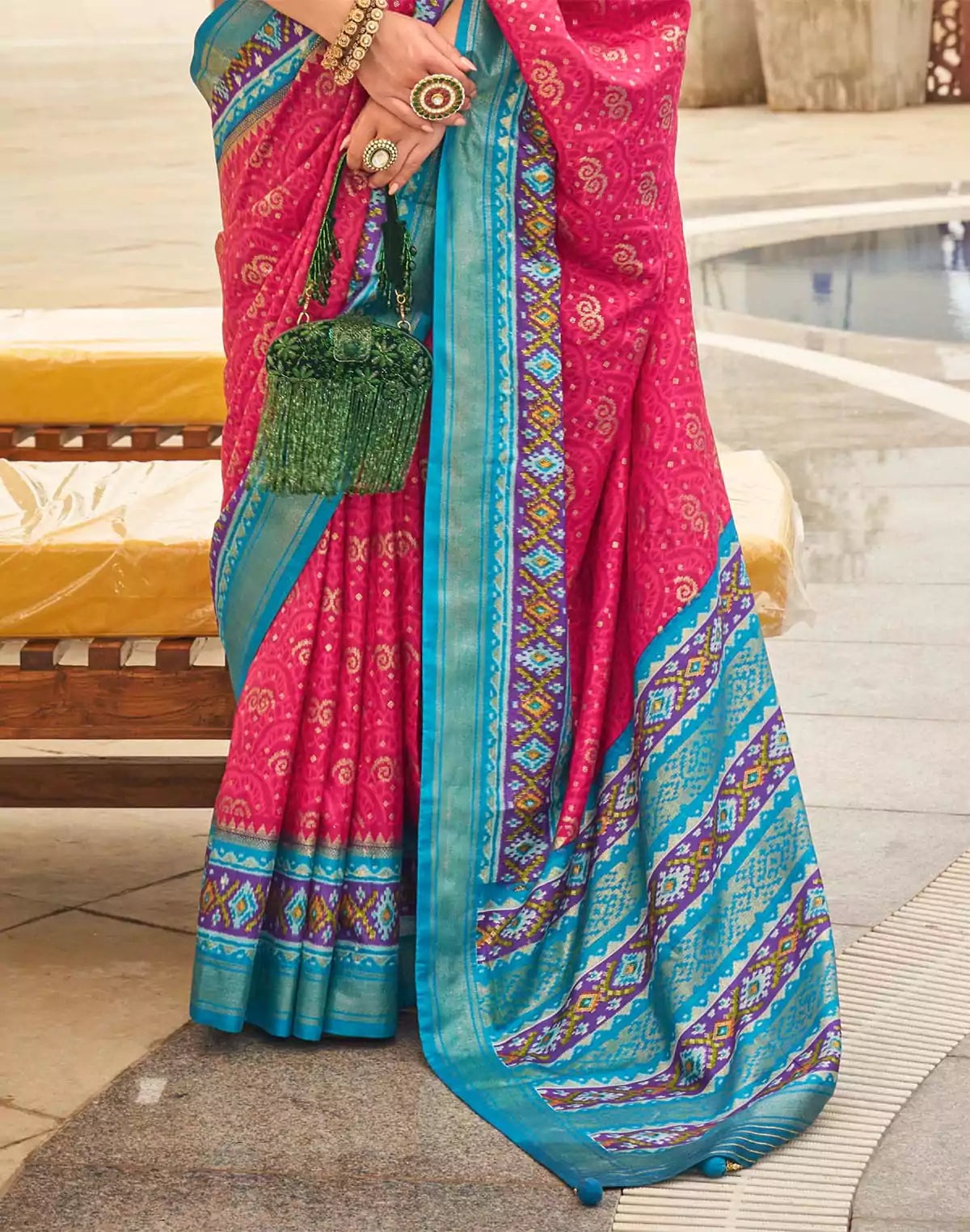Image of Pink Coloured Patola Silk Contrast Border Saree