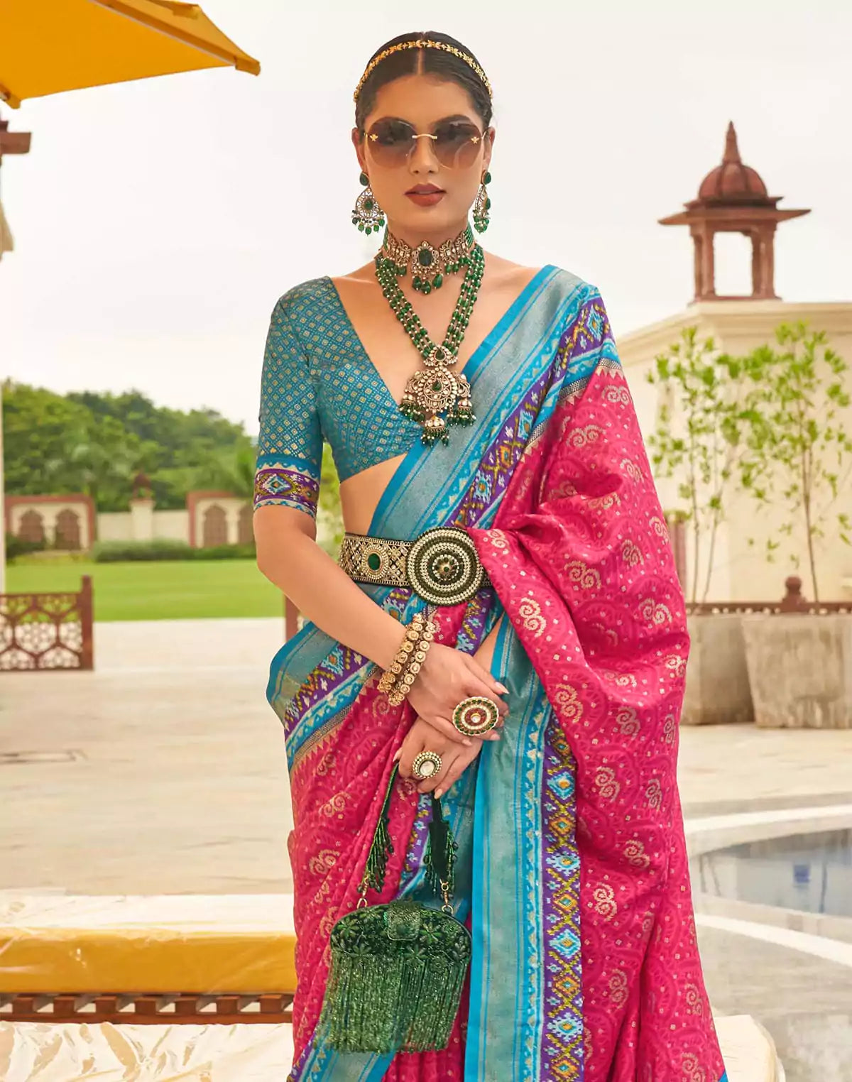 Image of Pink Coloured Patola Silk Contrast Border Saree