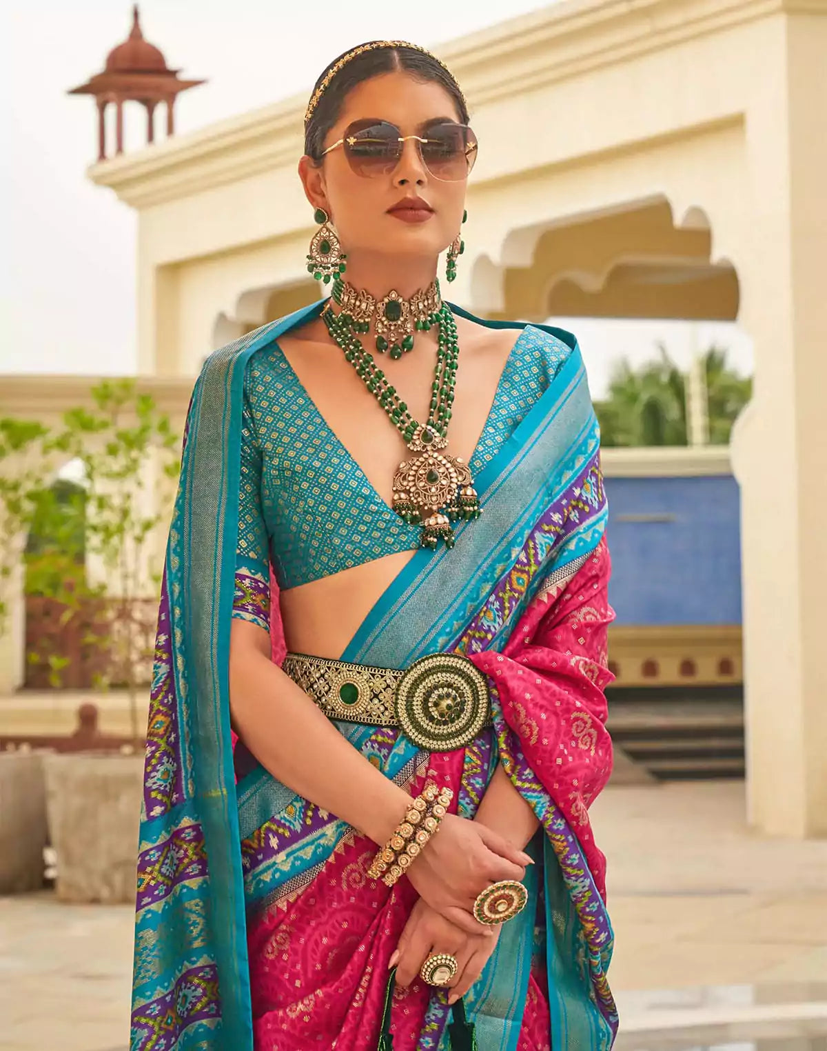 Image of Pink Coloured Patola Silk Contrast Border Saree