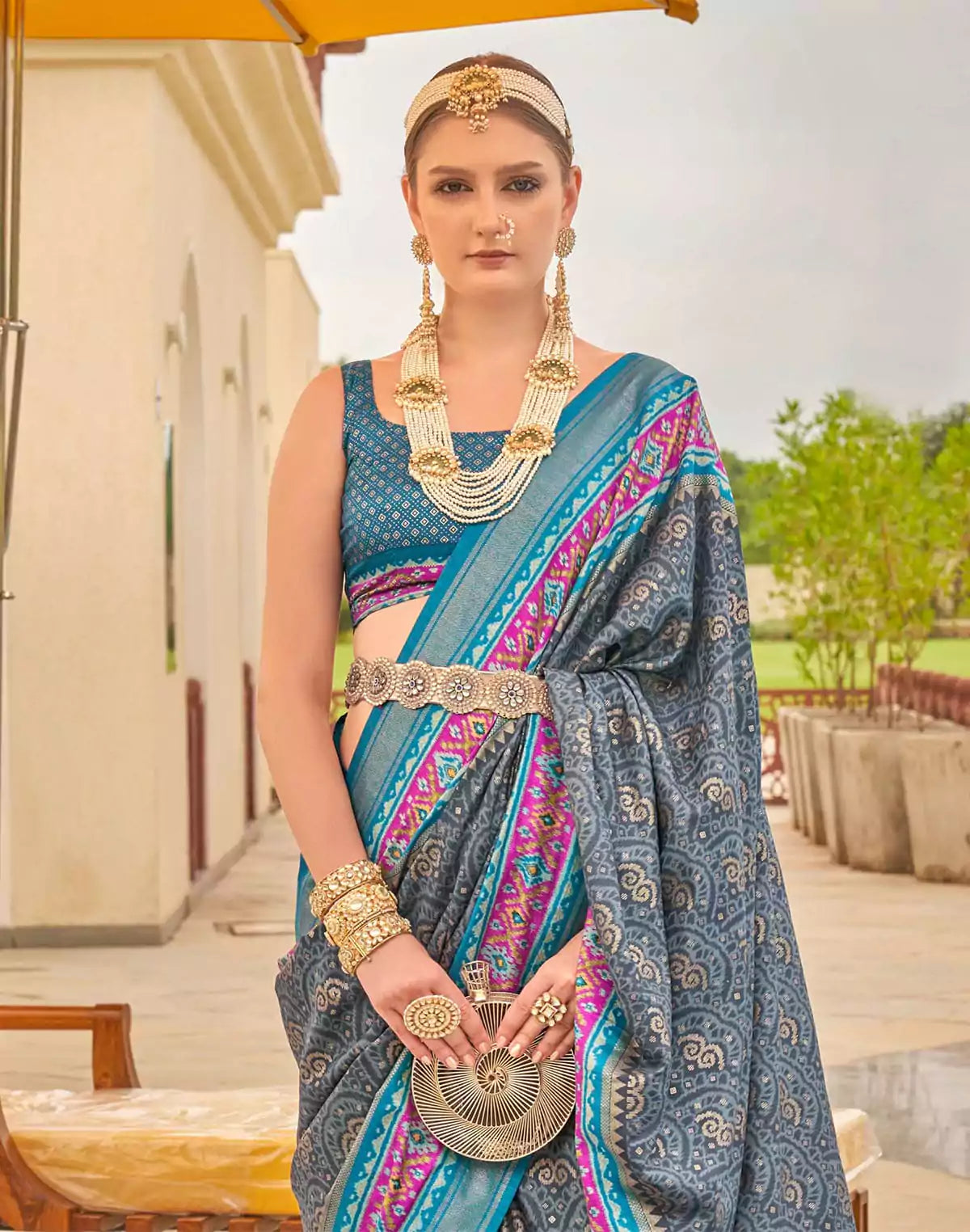 Image of Grey Ethnic Motifs Patola Silk Saree