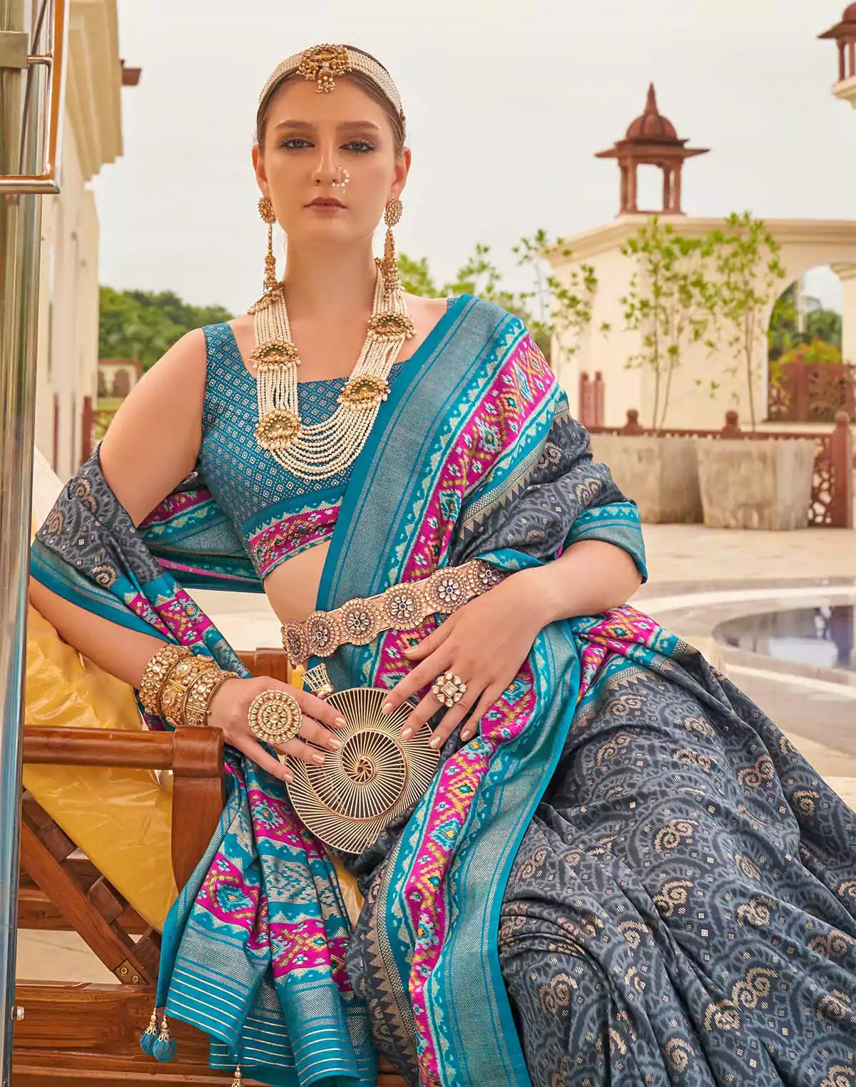 Image of Grey Ethnic Motifs Patola Silk Saree