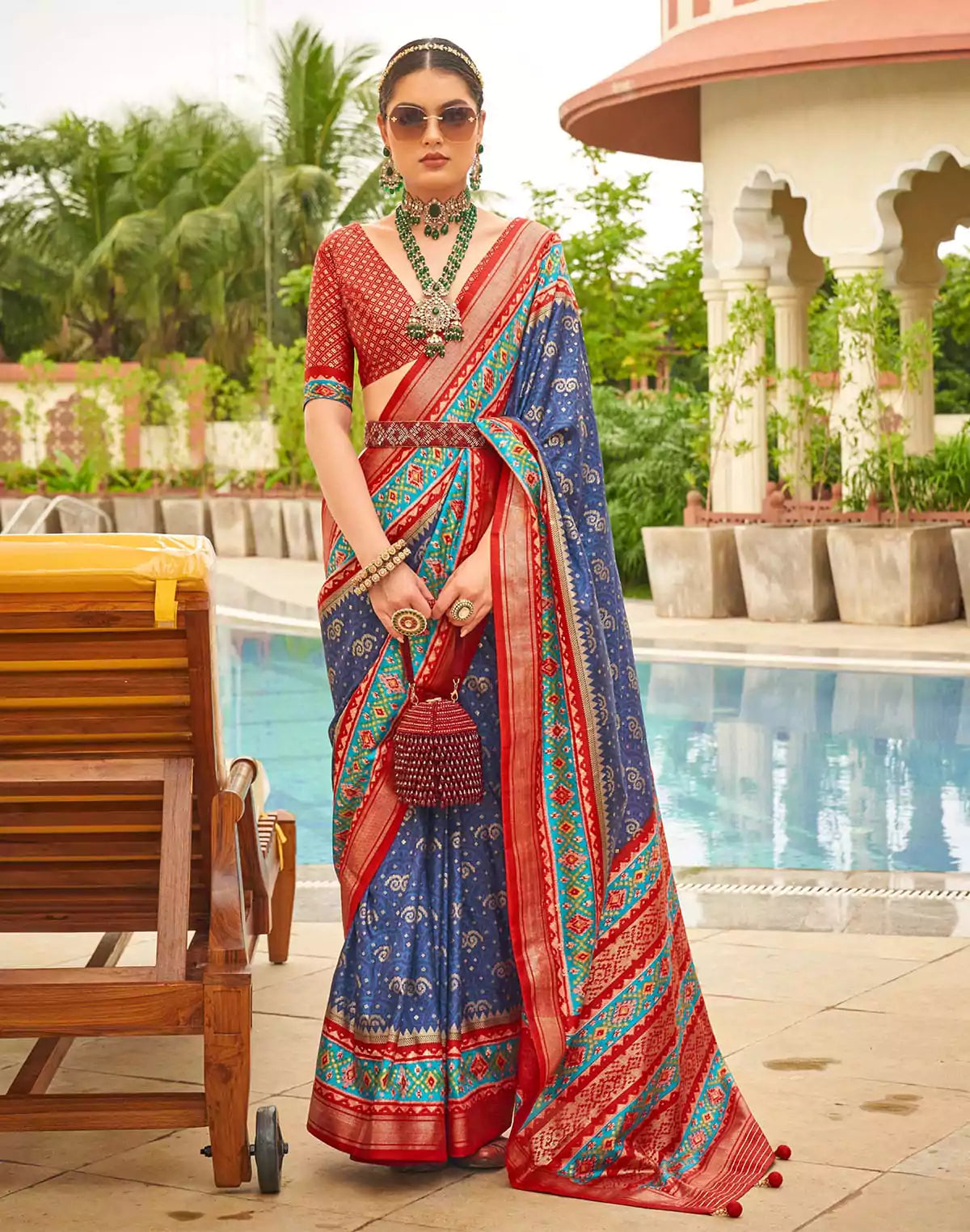 Image of Light Blue Ethnic Motif Printed Patola Silk Saree