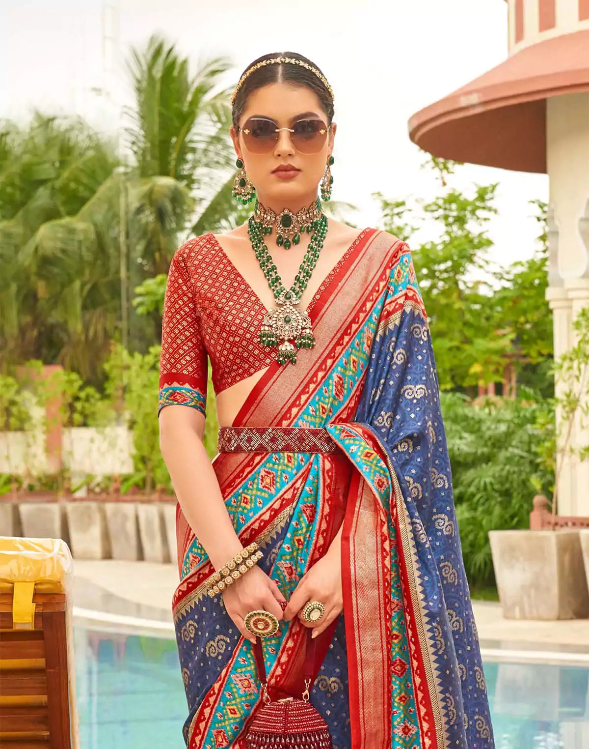 Image of Light Blue Ethnic Motif Printed Patola Silk Saree