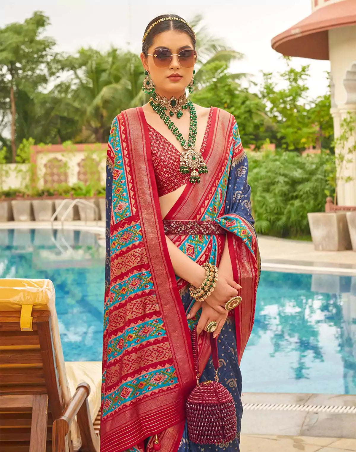 Image of Light Blue Ethnic Motif Printed Patola Silk Saree