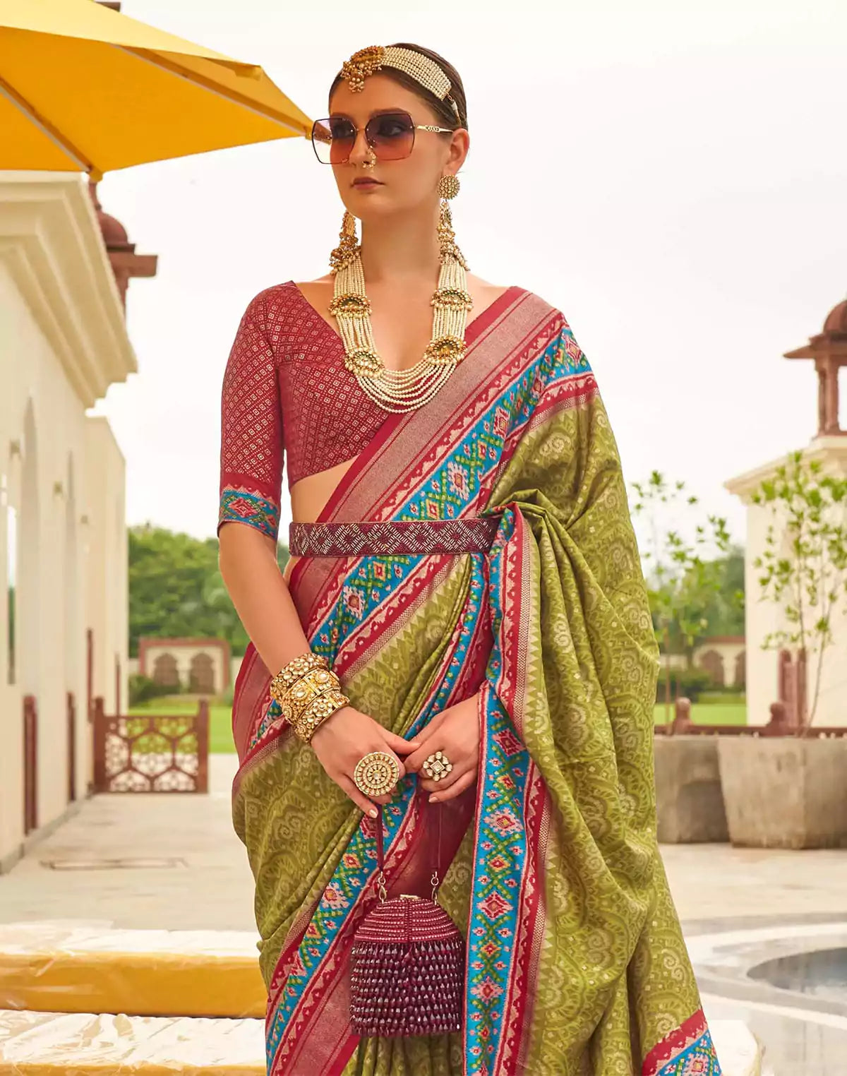 Image of Patola Silk Fabric Mehendi Green Contrast Saree