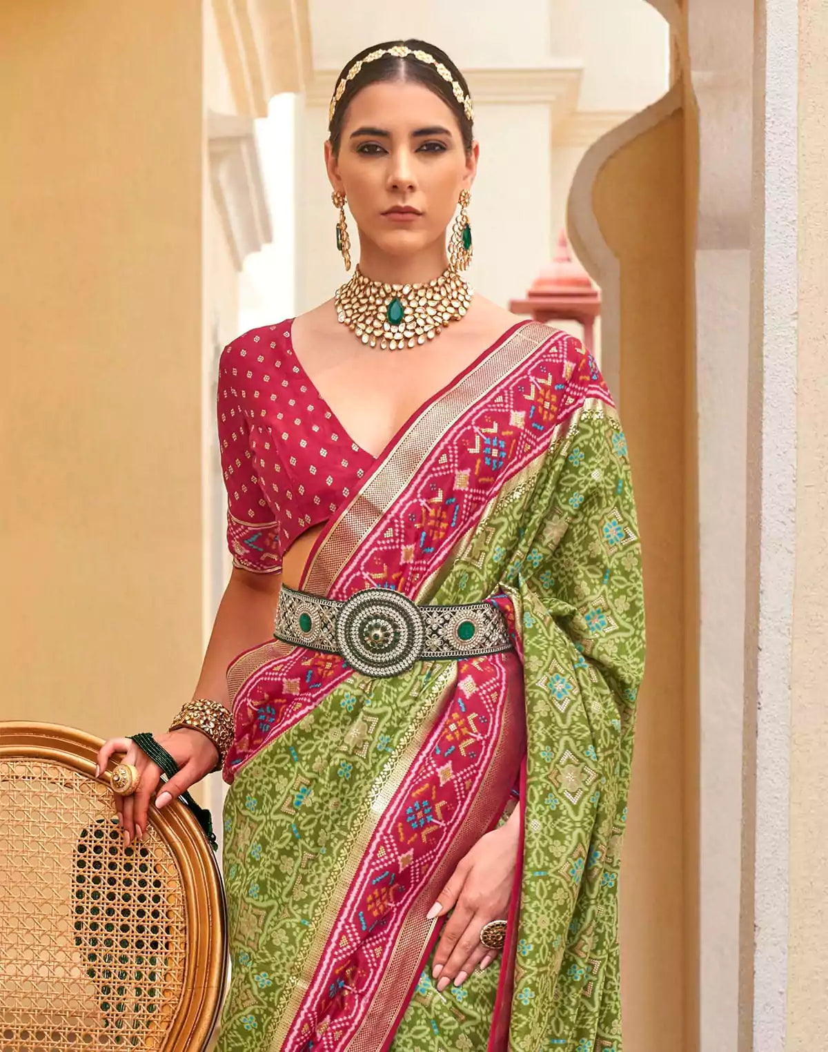 Image of Green Patola Saree with Red Border