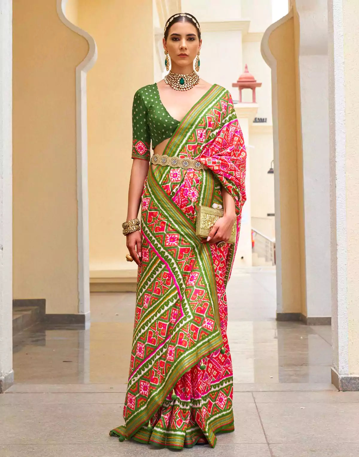 Image of Pink Woven Design Patola Saree with Tussels