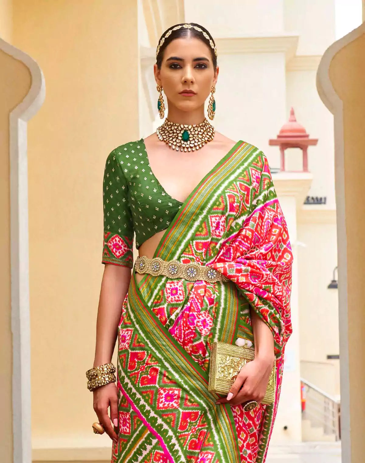 Image of Pink Woven Design Patola Saree with Tussels